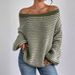 Women's Off-Shoulder Knit Sweater With Color Block Stripes & Lantern Sleeves – Relaxed Fit, Casual Elegance For Fall_voghion.com