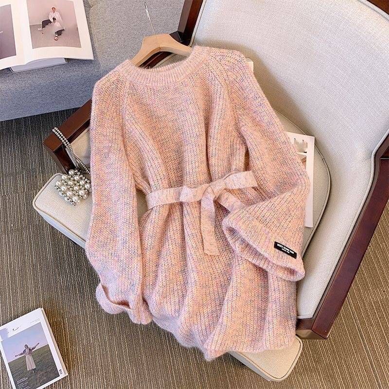 Dameskleding middellange taille gebreide trui grote maat dikke mm losse slanke chique middellange top_voghion.com