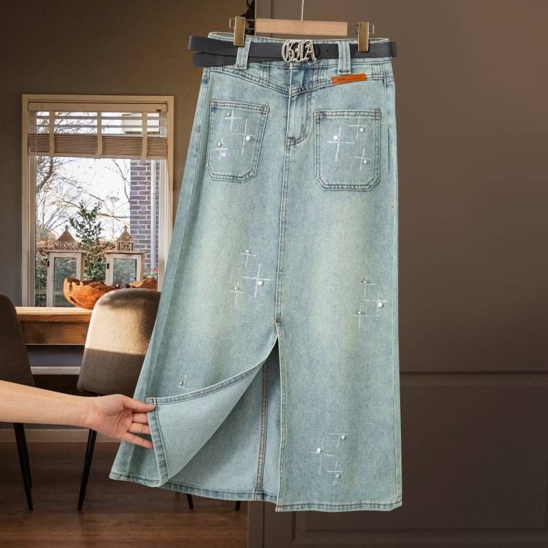 Dametøj Split Diamond Denim Nederdel Kvinder Ny Forår Højtaljet Slank Slankende Midi Nederdel_voghion.com