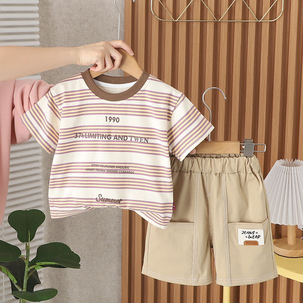 Gestreiftes, kurzärmeliges, dünnes Oberteil und Shorts-Set in koreanischer Version für Jungen, zweiteiliges Sommerset für Kinder_voghion.com