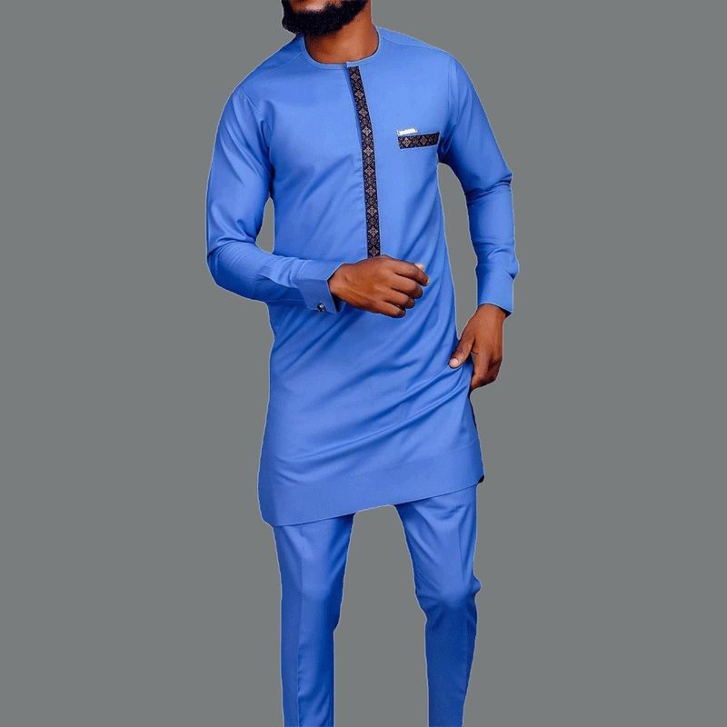 Men African ethnic style men's solid color long sleeve casual men's suit_voghion.com