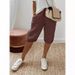 Women's cotton and linen pocket elastic casual pants women's pants quarter pants_voghion.com