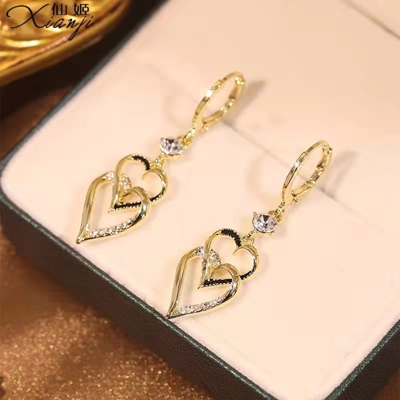 Boucles d'oreilles pour femmes, boucles d'oreilles géométriques creuses à Double cœur, petites et polyvalentes, boucles d'oreilles à la mode et de style occidental, boucles d'oreilles pour grands visages_voghion.com
