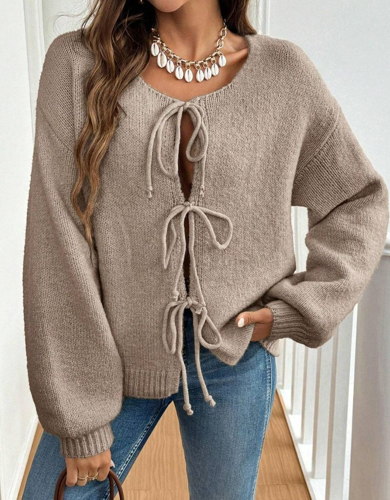 Suéter tipo cárdigan informal de color liso con mangas largas y hombros caídos para mujer_voghion.com