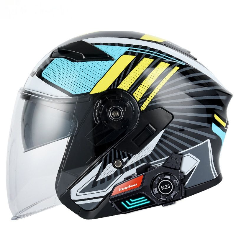 Motorcycle Half Helmet With Dual Visor & Built-in K25 Bluetooth – 3C Certified ABS Shell For Men & Women (Matte Black/Gloss Black/Gray/Silver/Blue)_voghion.com