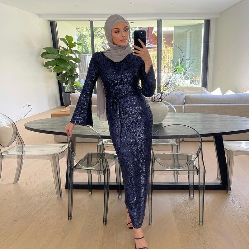 Women's Clothing Autumn new Muslim fashion sequin solid color lace long sleeve dress female dress_voghion.com