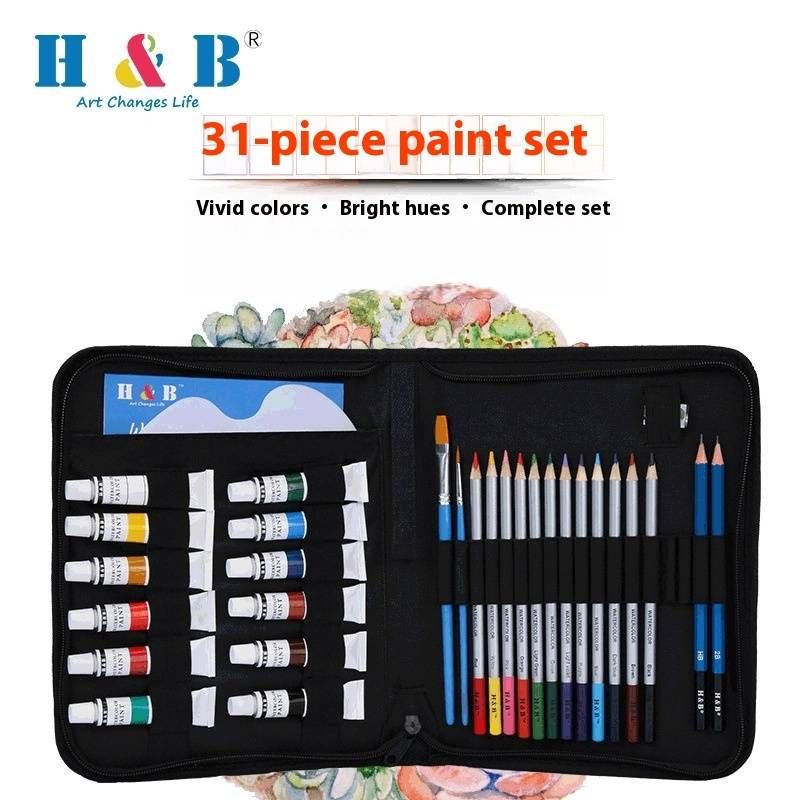 H&B 31-teiliges Aquarellset mit 12 wasserlöslichen Buntstiften und Aluminiumtubenfarben zum Zeichnen und Malen für Erwachsene_voghion.com
