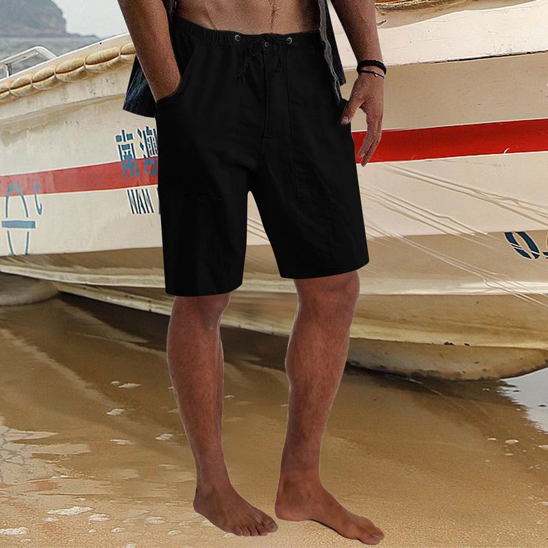 Short en Lin pour Hommes Yoga Plage Ample décontracté Taille élastique Cordon de Serrage Pantalon Ample avec Poches_voghion.com