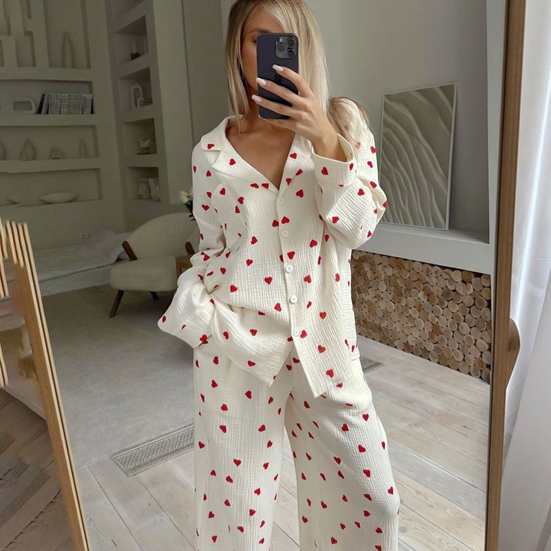 Women's Love Print Comfortable Long Sleeve Trousers Pajamas Two Sets Of Home Wear_voghion.com