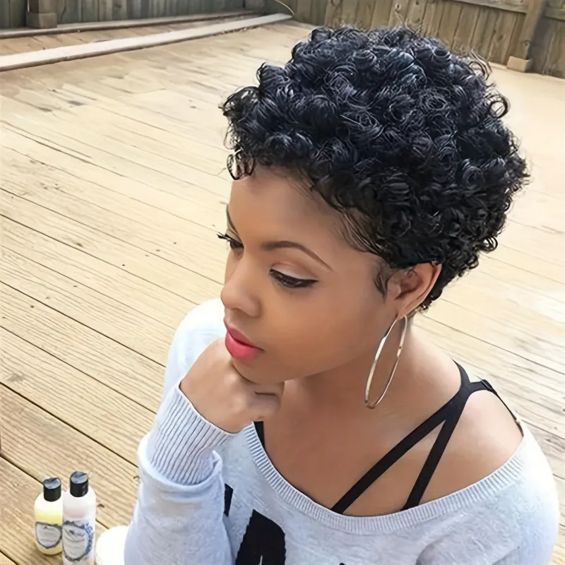 Parrucca Afro Riccia Corta Bob Ombre Colorata con Frangia, Parrucche Africane Pixie Cut con Capelli Umani Soffici per Donne_voghion.com