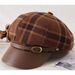 Cappello ottagonale in pelle PU, autunno inverno, berretto da strillone versatile in lana scozzese britannica da donna_voghion.com
