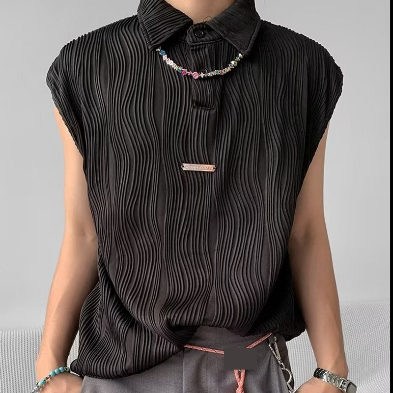 Sous-vêtements et vêtements de nuit Gilet à revers en métal pour homme, t-shirt sans manches à volants et texture ondulée, gilet unique - Blanc, noir, vert (M-3XL)_voghion.com