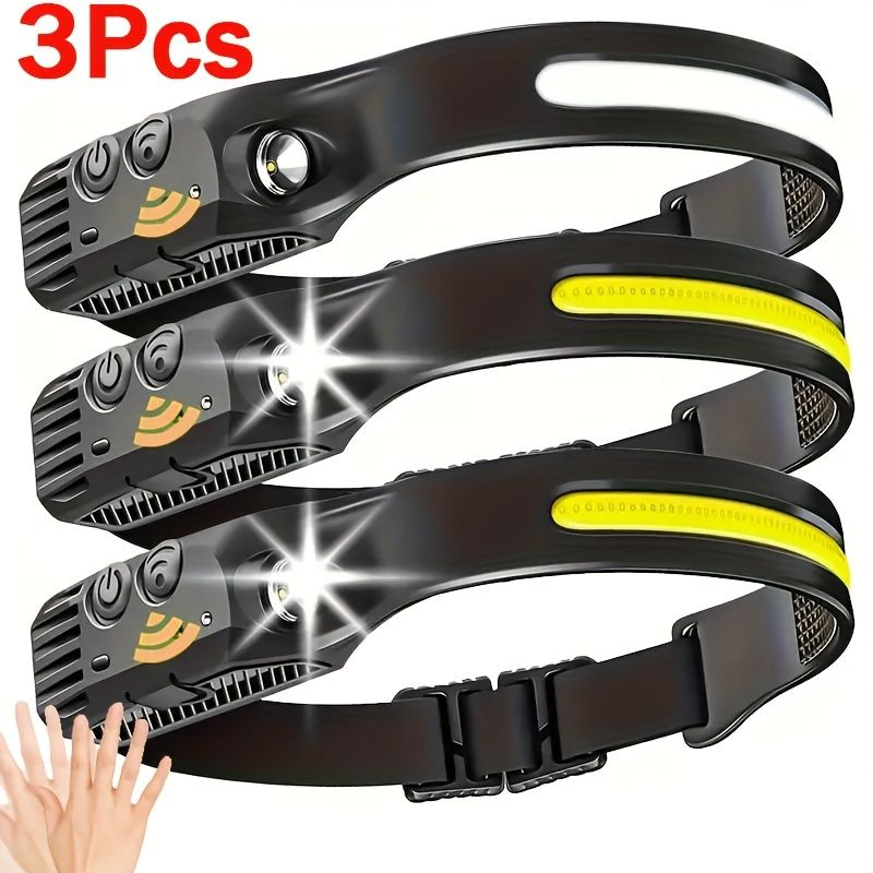 3PCs COB&LED Headlamp, Multi-mode Induction Headlight, Outdoor Motion Sensor Headlamp, Rechargeable For Running Camping Hiking Etc_voghion.com