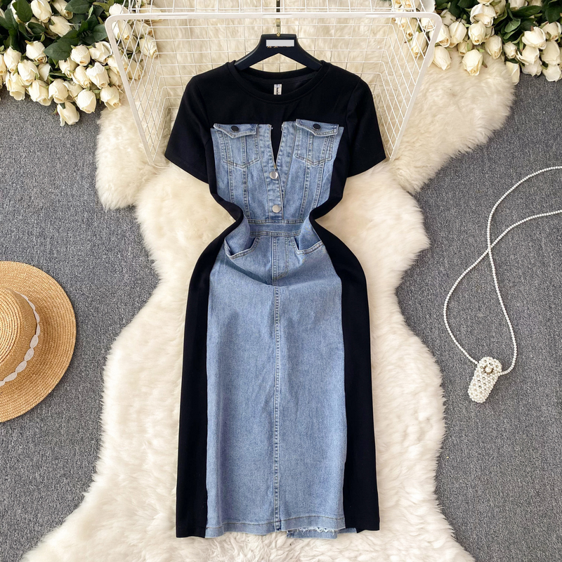 Women's Clothing new niche round neck short-sleeved spliced ​​denim dress women's high-end waist skirt_voghion.com