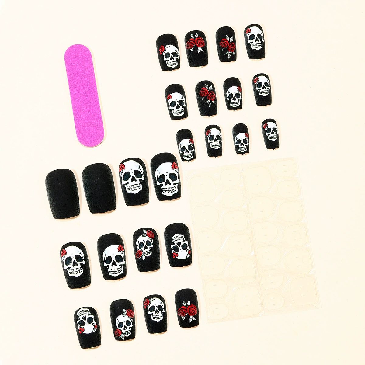 Unghie finte a pressione per Halloween - Unghie finte nere opache a copertura totale con motivo a rose e teschi - Unghie per donne, feste di Natale, nail art e decorazioni per Halloween_voghion.com