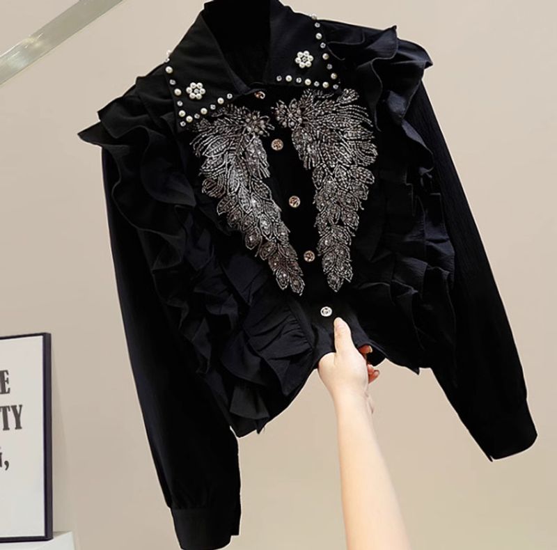 Chemise courte polyvalente à simple boutonnage avec coutures en dentelle plissée et motif de paillettes en diamant pour femme_voghion.com