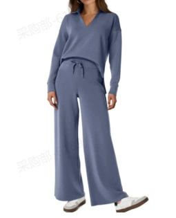 Completo da donna con top a maniche lunghe, scollo a V fluido, coulisse in vita e pantaloni a gamba larga – Completo casual ed elegante in due pezzi_voghion.com