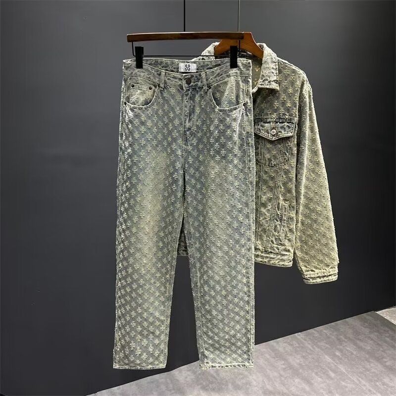 Îmbrăcăminte pentru bărbați în stil nișă cu design mozaic pentru umăr, jachetă din denim, pentru bărbați, de primăvară și toamnă, jachetă casual spălată, costum din două piese_voghion.com