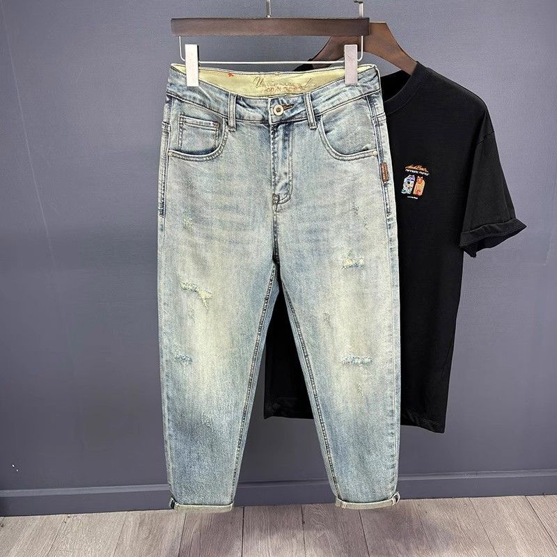 Herrenbekleidung Neue helle Retro-High-End-Ripped-Jeans für Herren Lockere, schmal zulaufende, elastische Haremshose mit neun Punkten_voghion.com