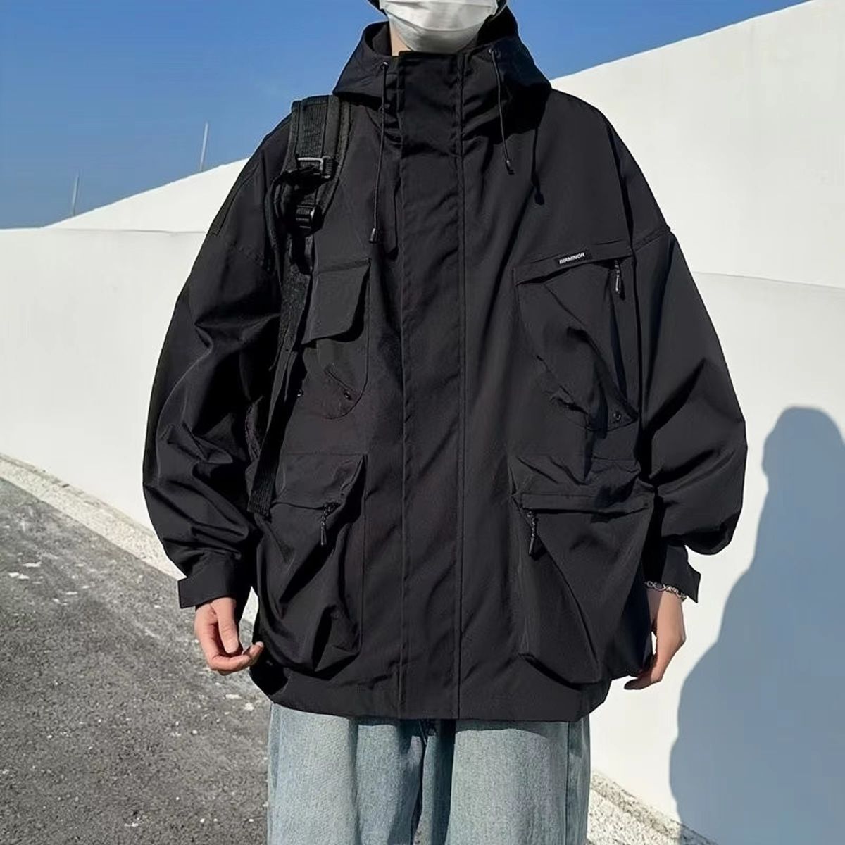 Black Warrior Funktionsanzug für Herren, Design-Sinn, Multi-Pocket-Workwear-Jacke, halbhoher Kragen, Kapuzenjacke_voghion.com