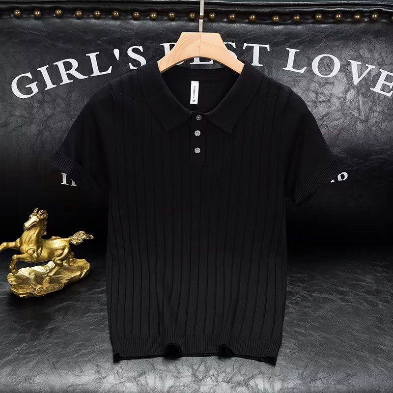 Herretøj retro revers strikket kortærmet T-shirt til mænd sommer ny stil issilke tynd ensfarvet store størrelser bundtop_voghion.com