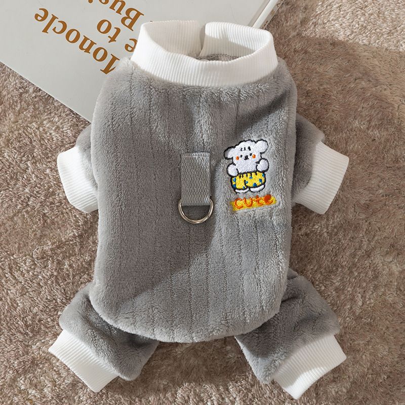 Grey Striped Flannel Embroidery Can Pull Four Feet For Warmth Thick Pet Dog Clothing During Spring And Autumn Outings_voghion.com