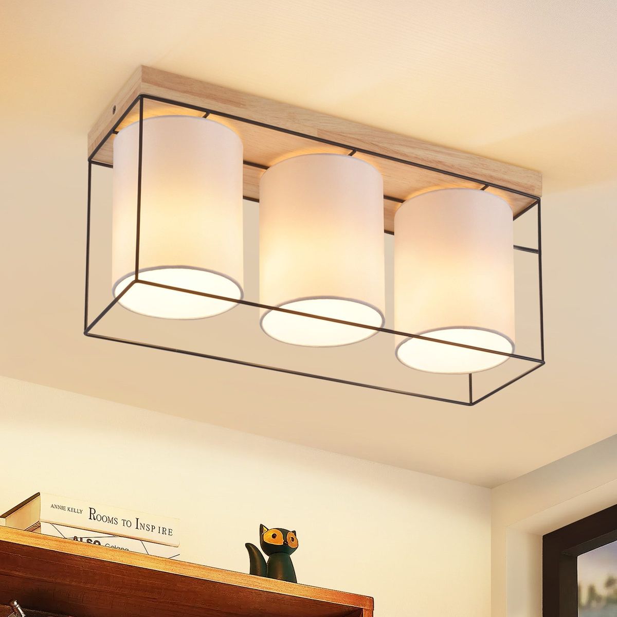 Glitzerlife Deckenlampe 3 Flammig Deckenleuchte Holz - E14 Vintage Wohnzimmerlampe Mit Stoff-Lampenschirm Industrial Retro Esszimmerlampe Für Schlafzimmer Küche_voghion.com