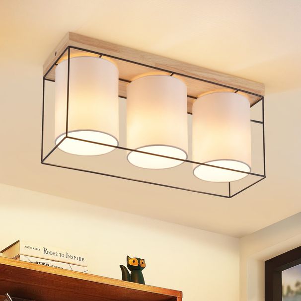 Glitzerlife Deckenlampe 3 Flammig Deckenleuchte Holz - E14 Vintage Wohnzimmerlampe Mit Stoff-Lampenschirm Industrial Retro Esszimmerlampe Für Schlafzimmer Küche_voghion.com