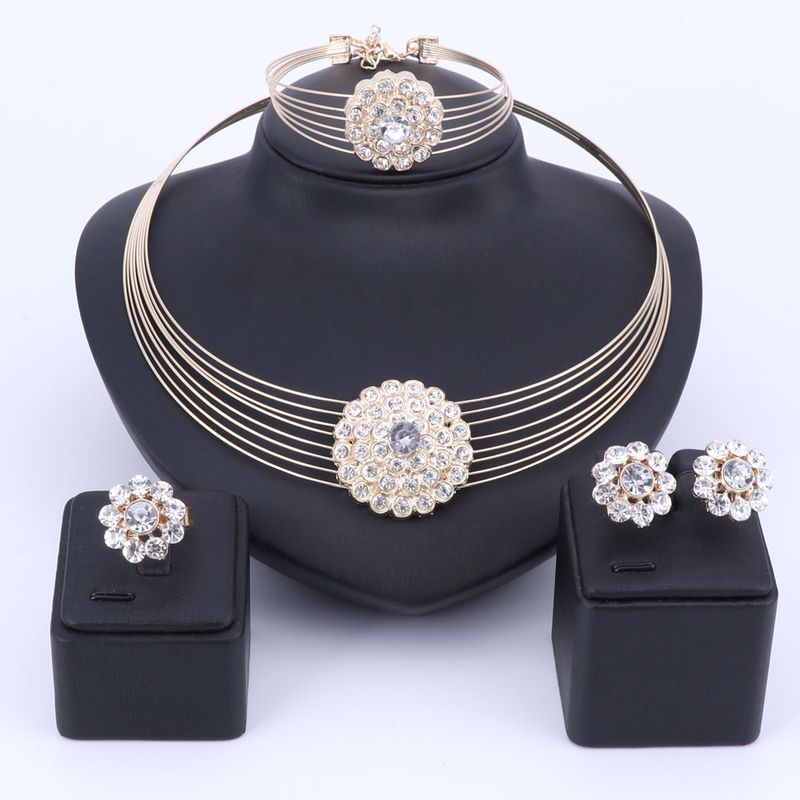 Women Bridal Dress Accessories  Flower Crystal Rhinestone Statement Collar Choker Necklace Earring Jewelry Sets_voghion.com