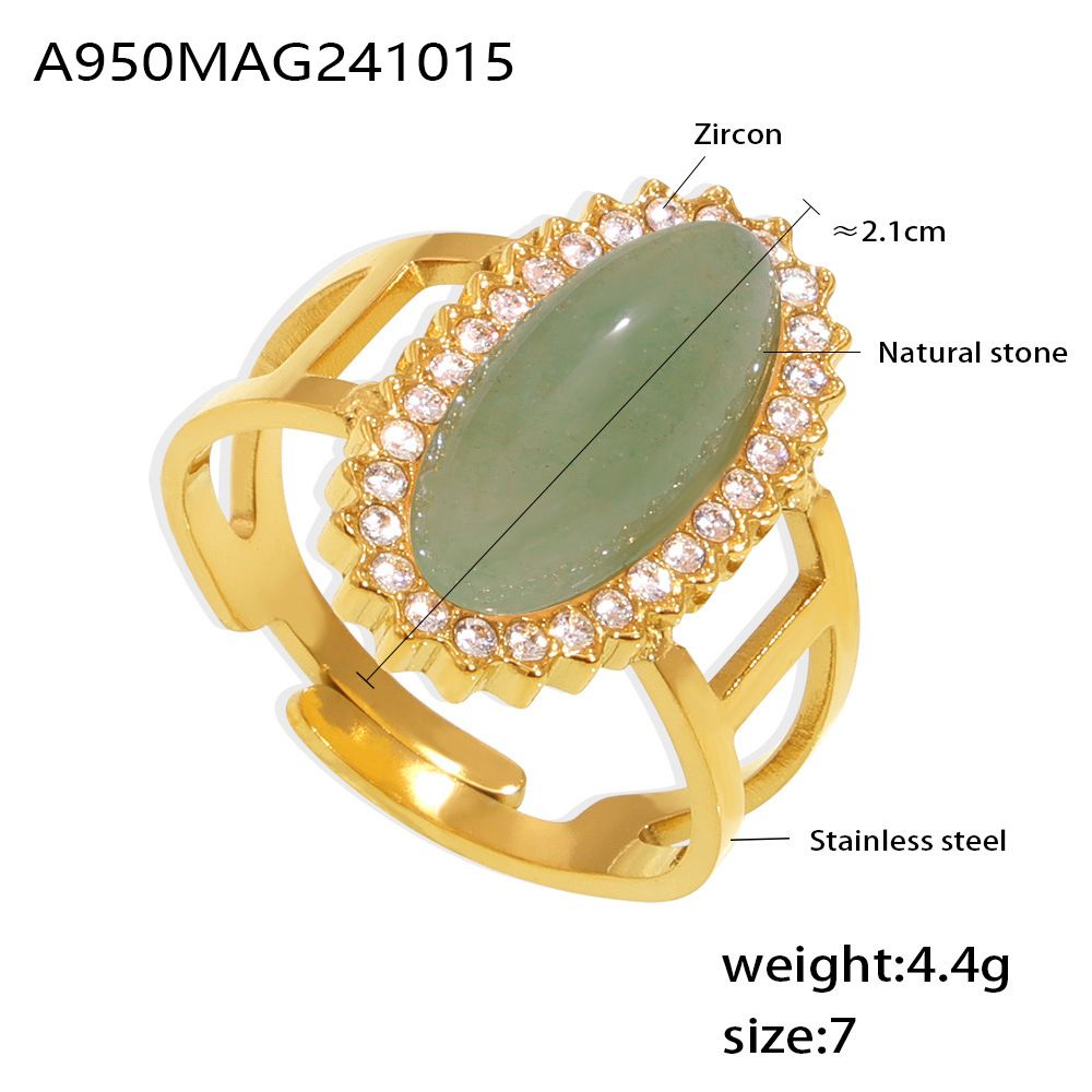 3A Zircon Inlaid Natural Stone Open Ring 316 Titanium Steel Plated Gold Adjustable_voghion.com