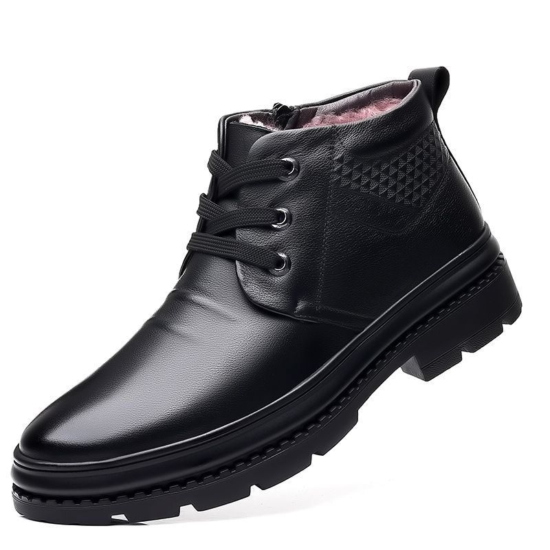 Men's winter leather wool and fleece thickened warm cotton snow boots high top non-slip men's shoes_voghion.com