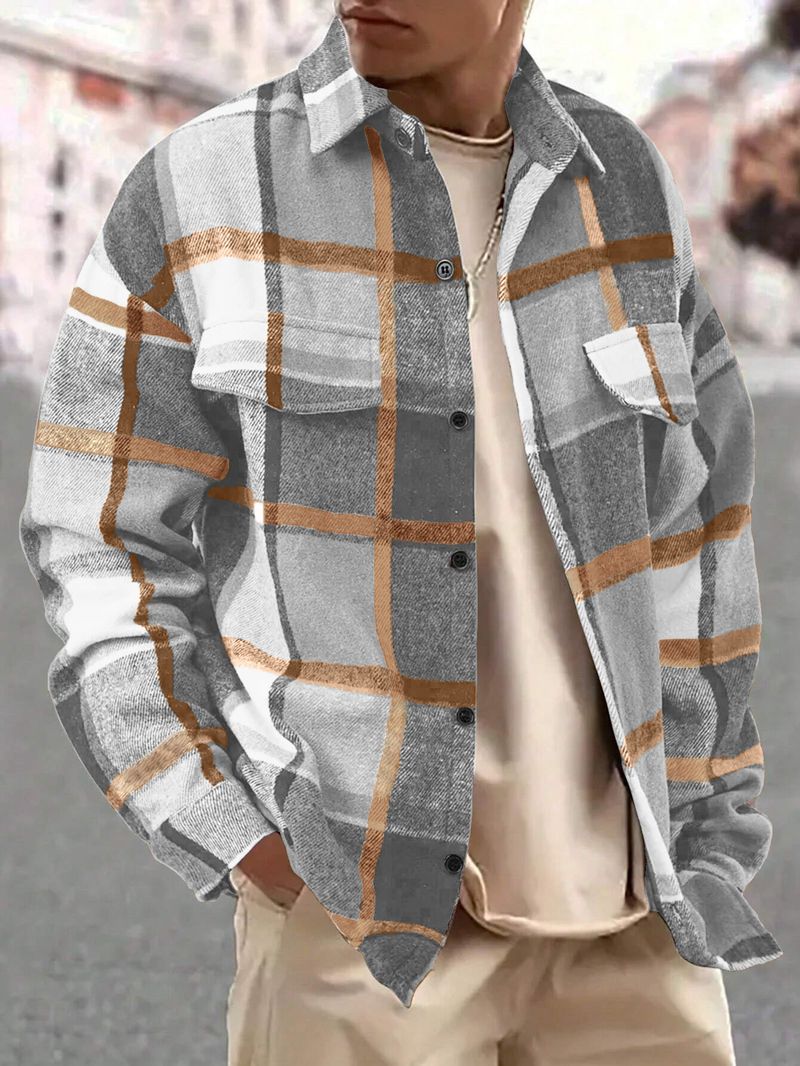Chemise à carreaux élégante à revers pour homme, style rétro, poncée, décontractée, manches longues_voghion.com
