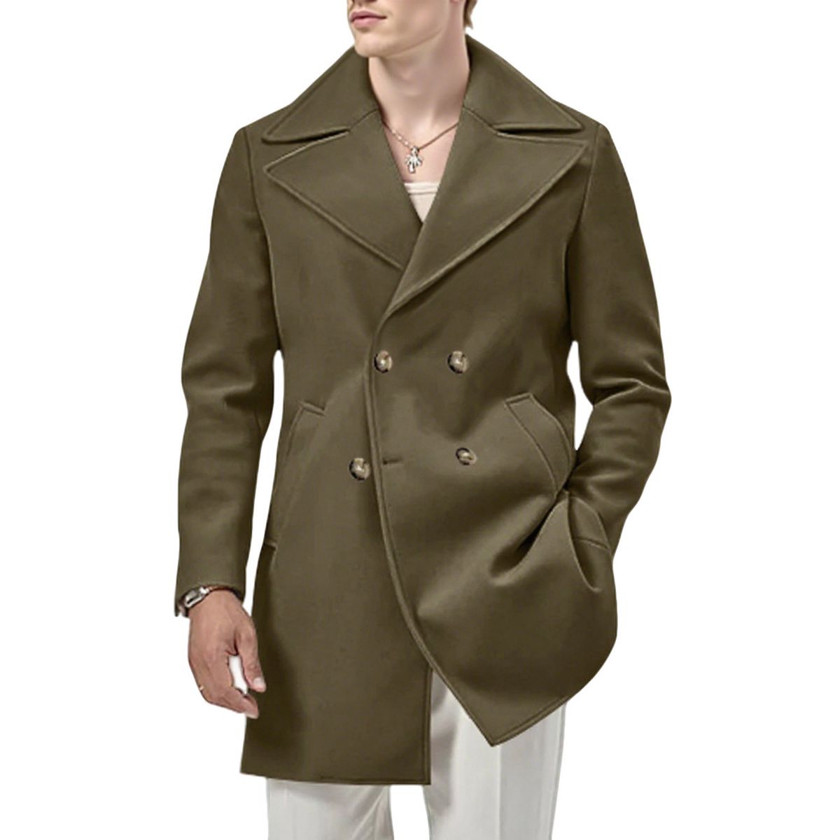 Klassischer zweireihiger Trenchcoat für Herren – Slim Fit, mittellanger Mantel mit Revers, lässiger Ganzjahres-Windbreaker, Grau/Schwarz/Rot/Armeegrün_voghion.com