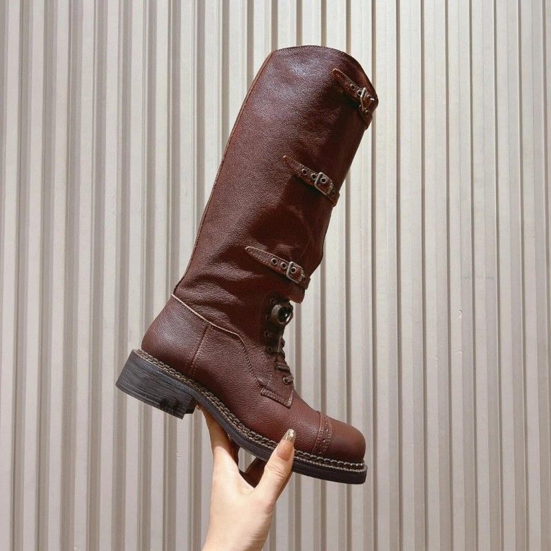 High End Zhang Newying's Motorcycle With Long Miu Belt Buckle, High Tube, Worn Out, Fashion Style, Battle Damaged Boots_voghion.com