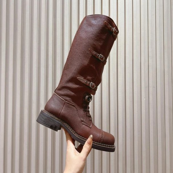 High End Zhang Newying's Motorcycle With Long Miu Belt Buckle, High Tube, Worn Out, Fashion Style, Battle Damaged Boots_voghion.com