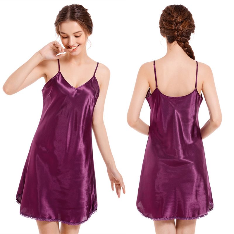 Pijamale de vară pentru femei, cu guler în V, sexy, cu spate frumos, din satin, fără mâneci, cu umăr dezbrăcat, cu margine din dantelă, cu sling_voghion.com