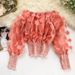 Kvinnors enrads axel midja topp kvinnlig nischdesign känsla mode tredimensionell blomma skumärm genomskinlig mesh chiffongskjorta_voghion.com
