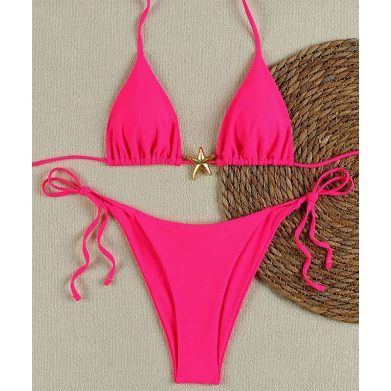 Bikini Women's Solid Color Sexy Drawstring Backless Split Swimsuit_voghion.com