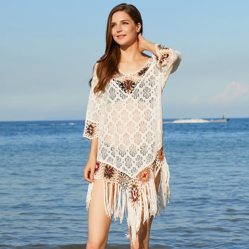 Handgehäkeltes Strandkleid mit Blumenspitze im neuen Stil, gerader Sonnenschutzüberzug_voghion.com