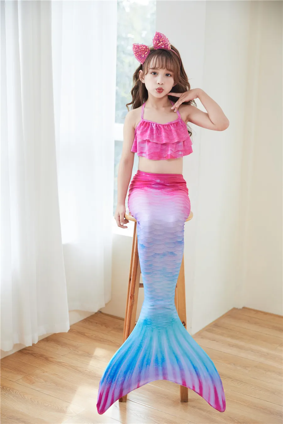 Baby clothesChildren mermaid swimsuit performance Swimsuit three-piece fish tail big and small girls princess skirt bikini costume_voghion.com