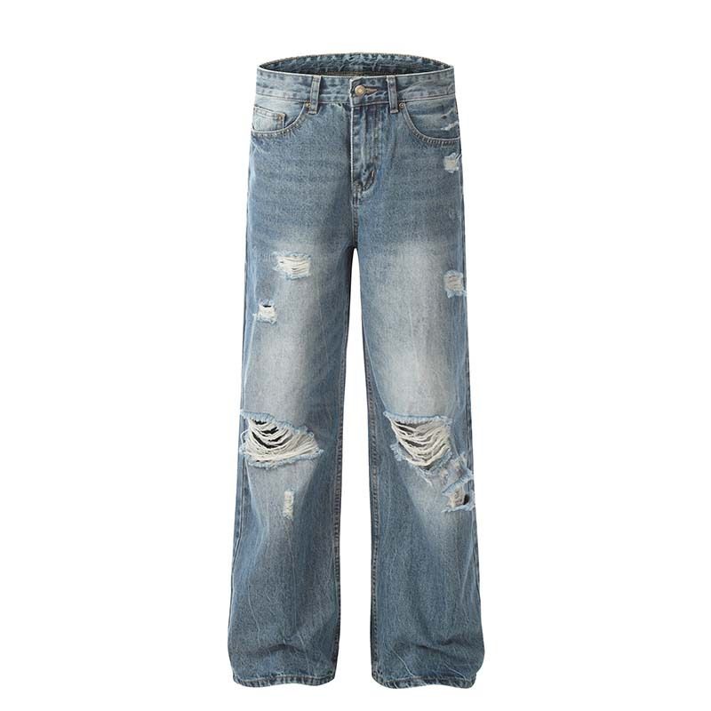 Men's Clothing Washed Distressed Ripped Drape Niche Jeans Men And Women Trendy Retro Loose Casual Straight Pants_voghion.com