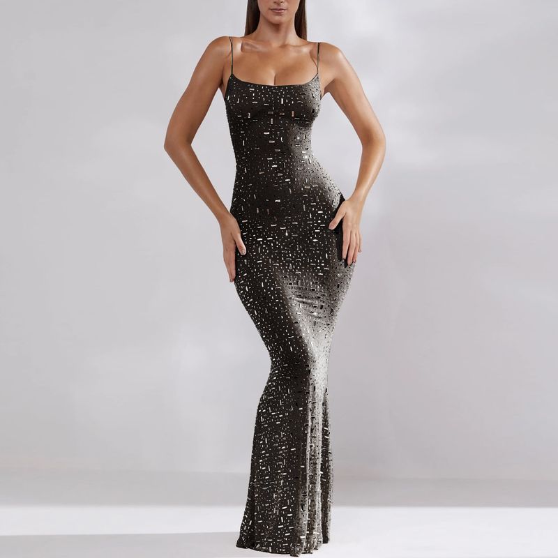 Women's popular women's bright diamond sexy suspender mermaid long skirt dress_voghion.com