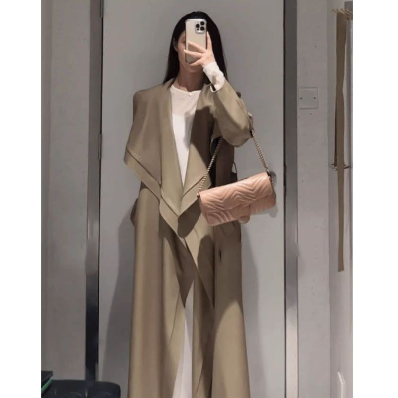 Autumn New Old Money Style Design, Simple And Long Waistband, Hanging Loose Windbreaker Temperament, Lapel Women's Coat,_voghion.com