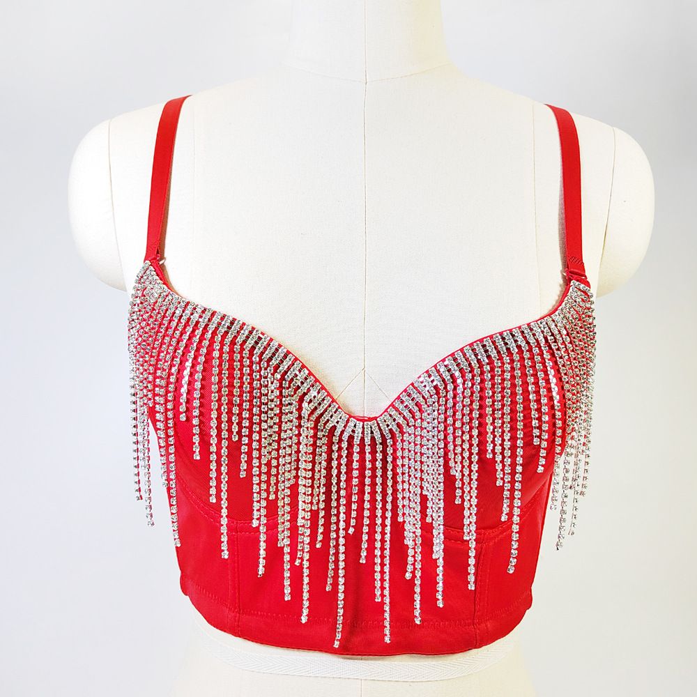 European and American cross-border source factory flash diamond tassel beaded tube top outer wear short nightclub Carnival bra_voghion.com