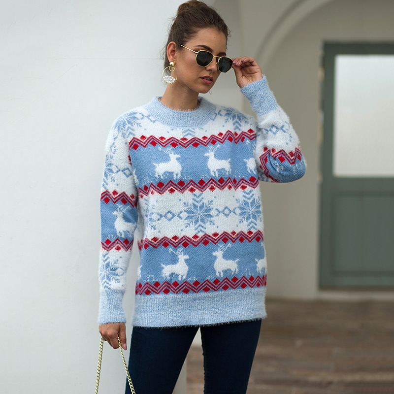 Maglione natalizio da donna Maglione pullover con cervo fiocco di neve_voghion.com