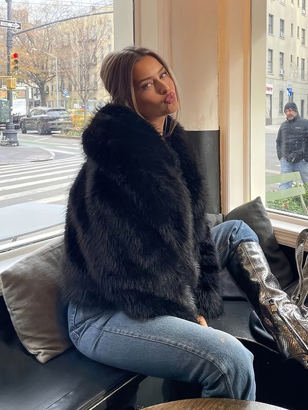 Women's Elegant Fur-Lined Coat - Soft Warm Short Jacket, Hine Washable Solid Color Fall & Winter, Chic For Women,_voghion.com