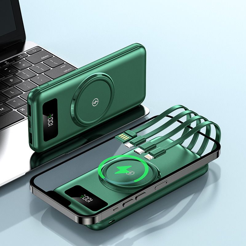 Power bank wireless da 20000 mAh con cavi integrati, ricarica rapida, logo personalizzato, caricabatterie portatile per iPhone e telefoni Android._voghion.com