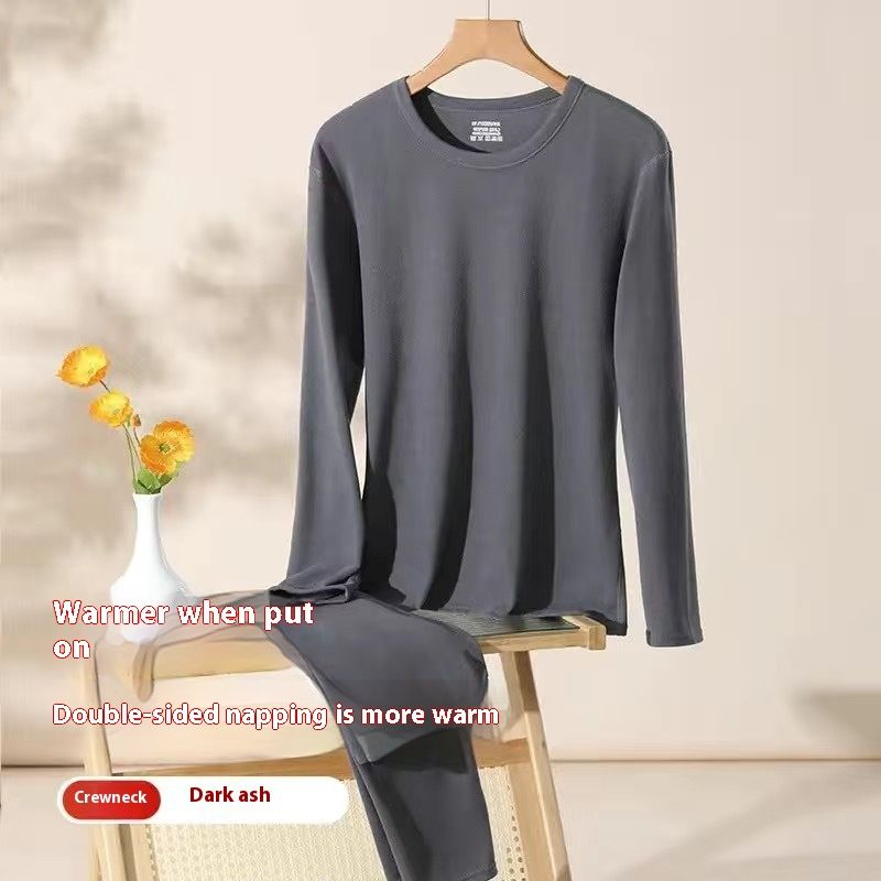 Derong thermal underwear set for men youth, round neck plus size base shirt, double-sided brushed thin design, slim fit_voghion.com