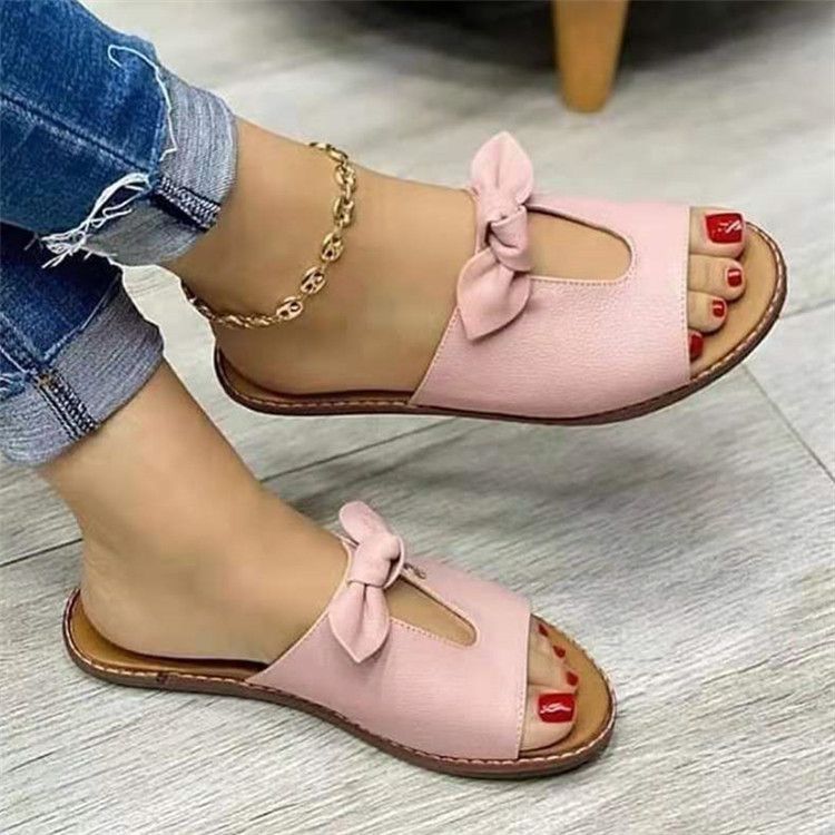 Women's Shoes Summer Women's Flat Slippers Bow Decoration Wide Stripe Slippers Solid Color Large Size Flat Sandals_voghion.com