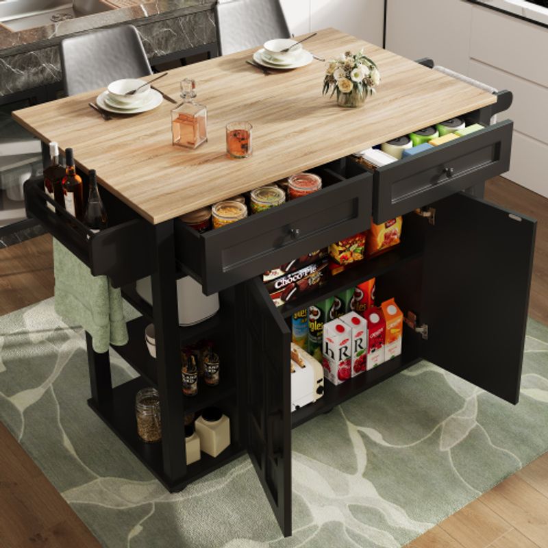 Kücheninsel Mit Herausnehmbaren Trennwänden, Esszimmerwagen Mit Arbeitsplatte, Buffetschrank, Esszimmerwagen Mit Holzmaserung, Handtuchhalter Beidseitig Mit Rollen, Schwarz_voghion.com